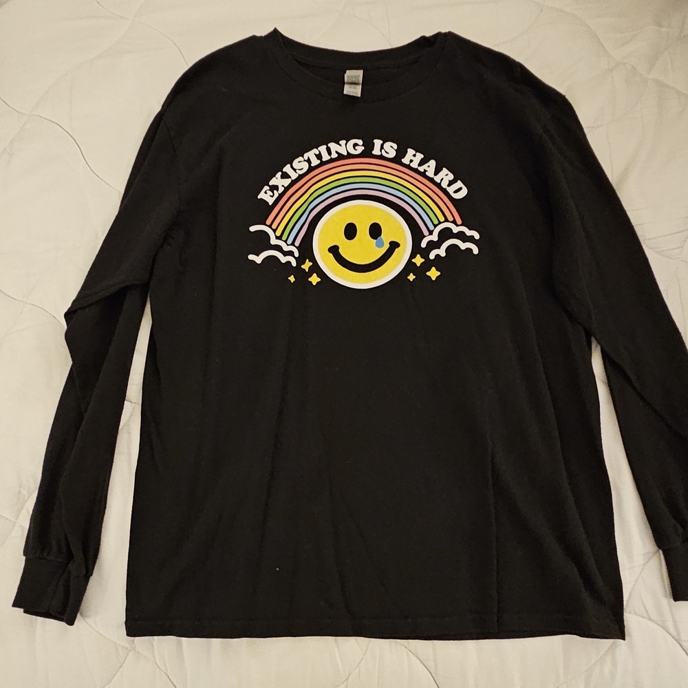 Gildan Black Long Sleeve Tee with Rainbow and Smiley